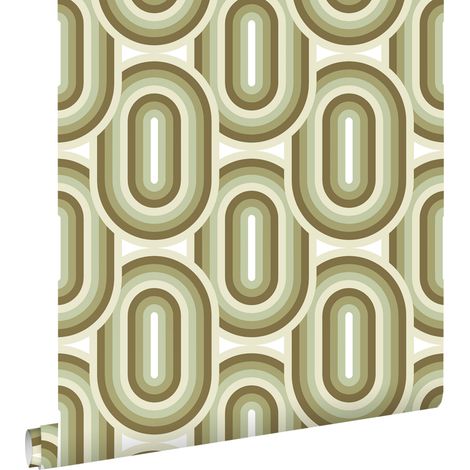 papier peint ornements au style rétro vert olive grisé  - ESTAhome (1/5)