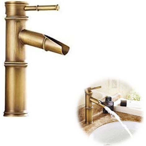 Robinet rétro en bambou, robinet de lavabo monotrou, robinet eau chaude et froide, bec cassé, robinet en bronze pur de style européen ancien (1/5)