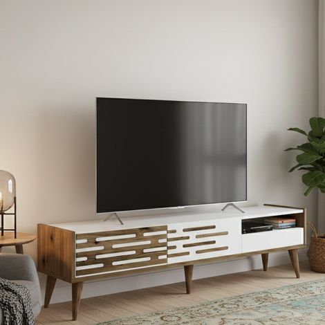 Dmora - Mueble de televisión Alnilam, Aparador de salón, Mueble bajo para TV, Base de pared equipada, 180x45h35 cm, Blanco y Nogal, con embalaje reforzado (1/5)