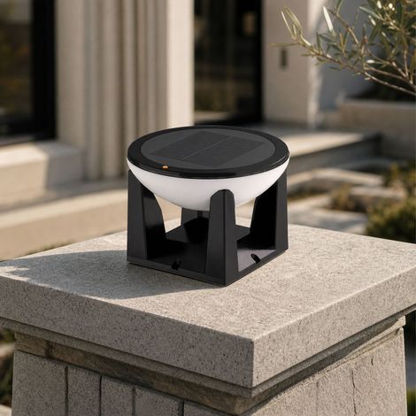 Applique Solaire LED pour Pilier, Étanche IP65, ABS Noir & Verre, 3 Couleurs, Ø20cm, H14cm, Modèle HJ-Y200 (1/4)