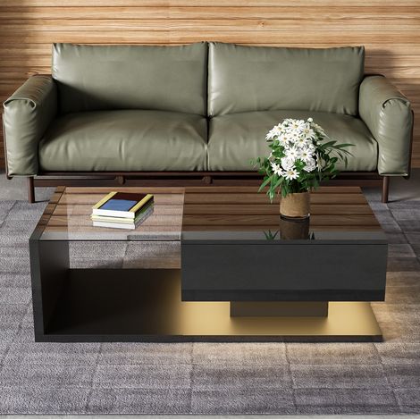 Mesa de centro negra brillo con vidrio templado y LED, 105 cm (1/5)