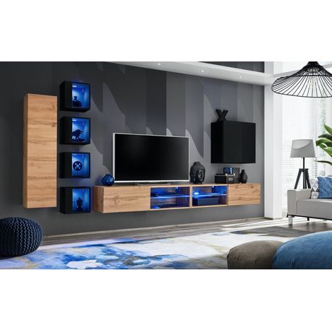 Ensemble meuble TV mural Switch XXVI - L 320 x P 40 x H 150 cm - Noir et marron - Livraison gratuite