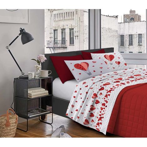 Completo Letto Stampato Made In Italy 100 % Cotone Set Lenzuolo Sopra Sotto Federe Mongolfiera Rosso - Singolo