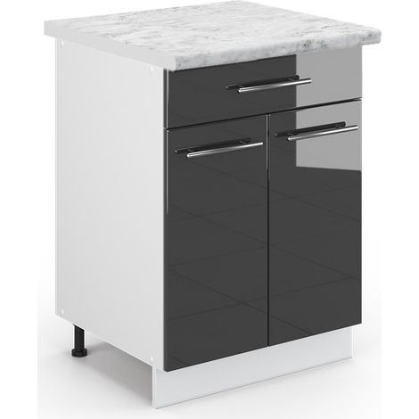 Mueble bajo de cocina Fame-Line, Antracita alto brillo, 60 cm con cajón, ET Mármol, Vicco