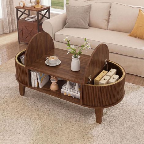 Table basse fixe en Noyer - Design Ovale avec Rangements Latéraux - Style Vintage & Moderne - 100x50x50.4cm - Marron