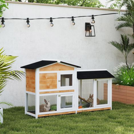 Conejera de Madera Exterior Jaula para Conejos de 2 Niveles con Techo Asfáltico 2 Corrales de Metal Bandeja Extraíble 2 Puertas y Rampa 157,4x53x93,5 cm Natural (1/4)