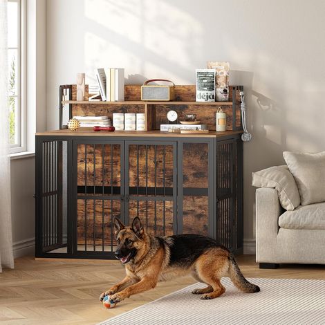 Cage Chien Intérieur avec Étagère, 120 cm, Marron et Noir Meuble Cage Chien avec Rangement, Modèle 4 Portes avec Coussin, Adaptée aux Grands Chiens, 120 x 75 x 111,5 cm (1/5)