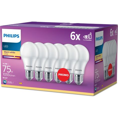 Philips LED E27 Ampoule Standard (A60) Dépolie 75W Non dimmable Lumière blanche chaude - 6 pièces (1/2)
