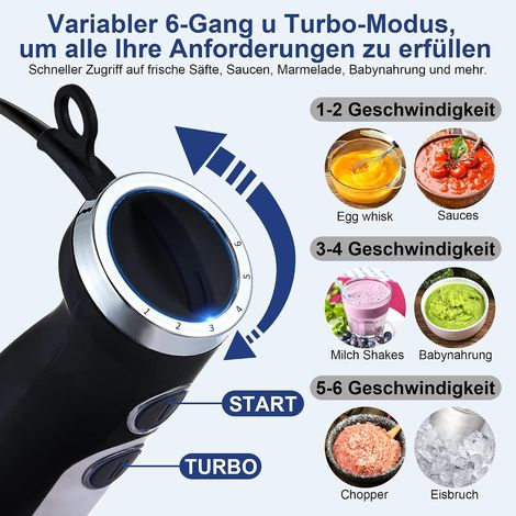Mixeur plongeant BHB1200 (1200 W, 6 vitesses + turbo, bol hachoir de 500 ml et gobelet de 600 ml inclus) avec lames en acier inoxydable, sans BPA (1/4)