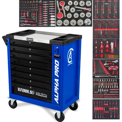 Carro de Taller Mecánico BM TOOLS ALPHA-PRO - 9 Cajones - 311 HERRAMIENTAS, 4 ruedas, 2 frenos, Carro MECÁNICO - Azul (1/5)