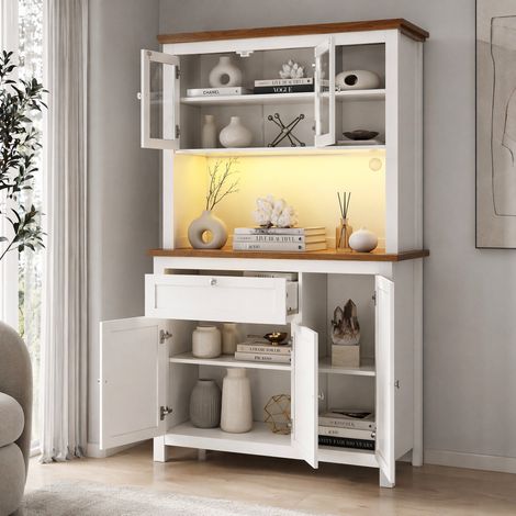 Aparador de cocina 104x40x180 cm con LED, vitrinas y estantes ajustables, blanco DESVIAE (1/5)
