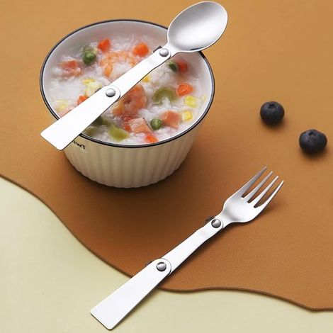 Set di posate pieghevoli con cucchiaio e forchetta in acciaio inox 304, include due scatole di plastica per viaggi, campeggio e picnic. (1/4)