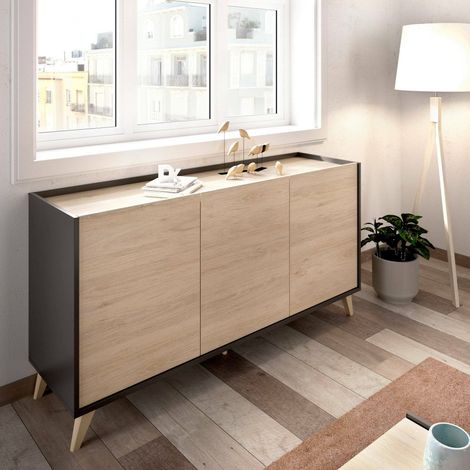 Dmora - Credenza Avez, Buffet da soggiorno, Madia moderna da salotto a 3 ante, 155x43h75 cm, Rovere e Antracite, con imballo rinforzato (1/5)