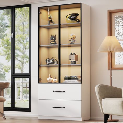 Vitrina LED 60x40x160 cm, con dos puertas de cristal templado, dos cajones, tablero de partículas, blanco (1/5)