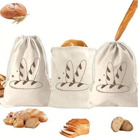 3er-Pack wiederverwendbare Brotsäcke aus Leinen, ungebleicht, naturbelassen und mit großem Fassungsvermögen, ideal zur Aufbewahrung von selbstgebackenem Brot und Obst/Gemüse.