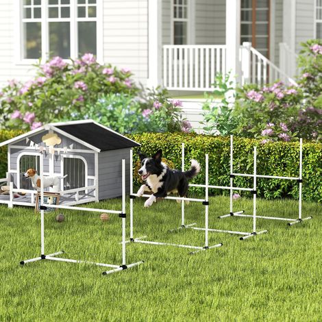 Kit agility pour chiens 4 obstacles réglables, fixation au sol sac transport, couleur blanche, entraînement jeux canins professionnels