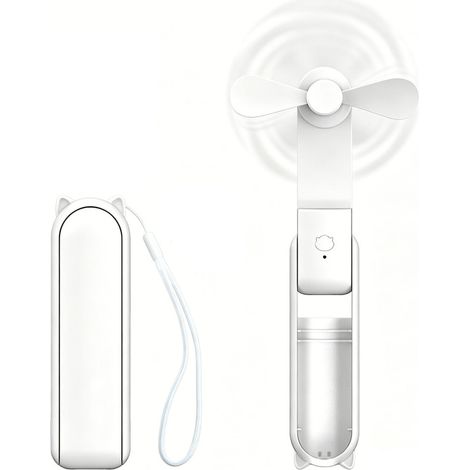 Mini ventilateur portable USB rechargeable 3 en 1, pliable, 3 vitesses réglables, grande autonomie, design de poche compact pour voyage et utilisation quotidienne, blanc