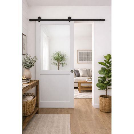Porte Coulissante Atelier Blanc H204 X L73 Sans Meneau + Rail A Roulettes Et 2 Coquilles