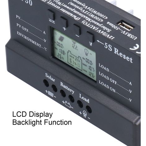 Contrôleur de charge solaire 30 A 12/24 V, écran LCD rétroéclairé, protection de circuit, port USB, régulateur de batterie MPPT PWM (1/5)