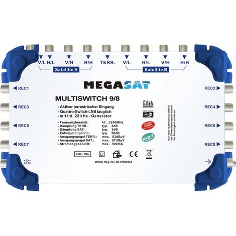 Multiswitch - MEGASAT - 9/8 1TER/2SAT - 8 Entrées Satellite - Alimentation 220V - Gain Réglable (1/2)