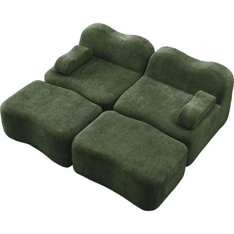 Sofá modular de 2 plazas con 2 pufs, terciopelo verde, espuma 32D, sin montaje (1/5)