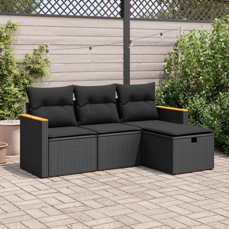 4-tlg. Garten-Sofagarnitur mit Kissen Schwarz Poly Rattan (1/5)
