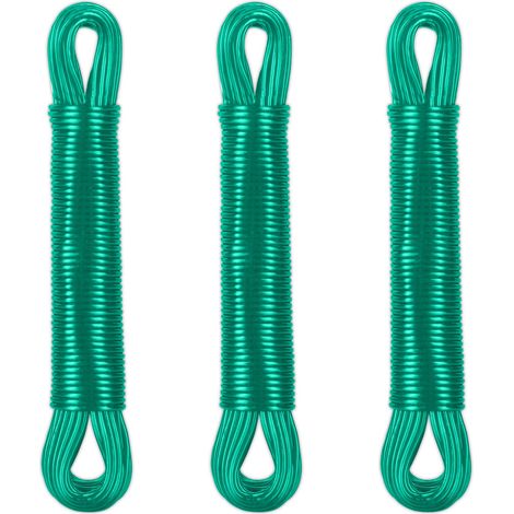 Relaxdays Wäscheleine 3er Set, 20m, PVC Wäscheseil mit Polyesterkern, extra stark, drinnen & draußen, Wäscheschnur, grün