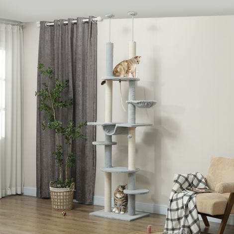 Árbol para Gatos de Suelo a Techo 225-255 cm con Hamacas Plataformas Juguete de Cuerda Bola de Juguete Gris (1/5)