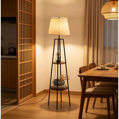 Lampada da terra 42x42x166 cm in MDF e metallo nero con ripiani, per soggiorno – MEUBLIV (1/5)