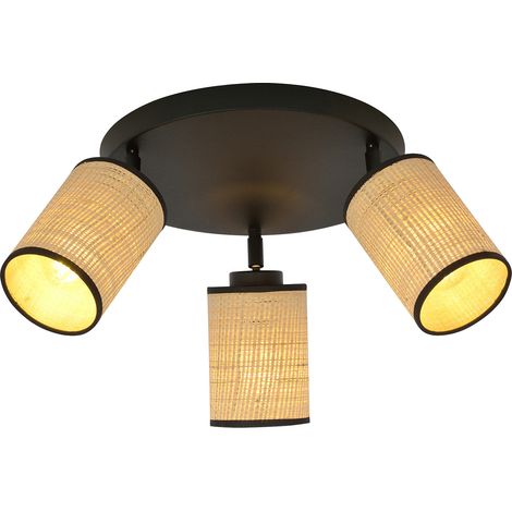 Plafoniera Tonda Spot 3 Luci Bronx In Acciaio Nero E Rattan Paralumi Regolabili (1/5)