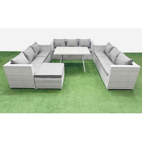 Fimous 10 Seat Outdoor Patio PE Rattan Garden Furniture with Cushions 3 Seater Sofa Big Stool Light Grey (1/4)