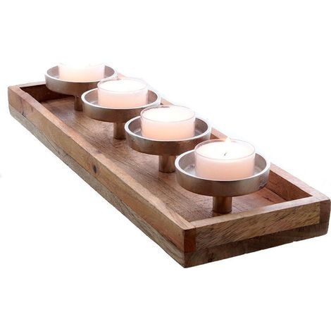 Plateau à bougies en mangue avec 4 plaques à bougies en aluminium - environ 47 x 15 cm