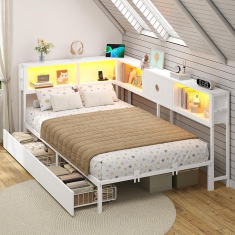 Jugendbett 90x190 mit LED, Ladestation & Stauraum, Tagesbett 90x190 weiß (1/5)