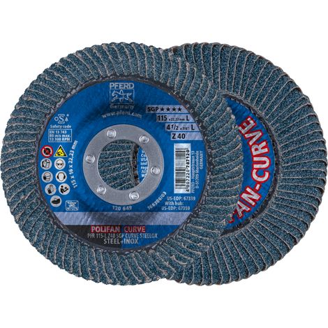 PFERD TOOLS POLIFAN CURVE Fächerscheibe PFR 115x22,23 mm Breite L Z40 SGP STEELOX für Stahl/Edelstahl 10 Stk (1/5)