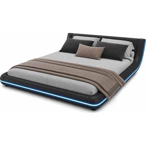 Lit double 160 x 200 cm avec LED d’ambiance, cadre au ras du sol en PU noir, style moderne et facile à assortir, pour chambre adulte – CHICFURN (1/5)