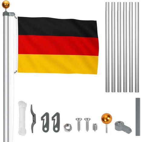 TolleTour Mât de drapeau en aluminium argenté 6,5 m avec poulie, drapeau allemand 147 x 88 cm, corde 11 m et douille de sol (1/5)