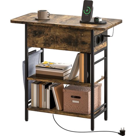 Beistelltisch mit Ladestation und Aufbewahrungstasche, 60 x 29,8 x 58,5 cm, rustikalbraun