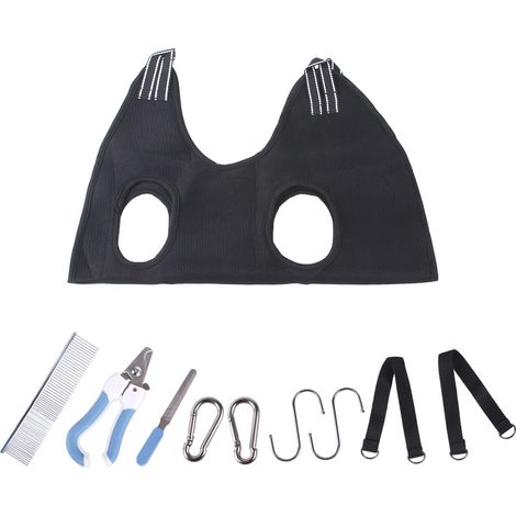 Ensemble de 10 pièces pour le toilettage des chiens et chats : harnais avec coupe-ongles, lime à ongles, peigne, hamac de contention respirant et accessoire de toilettage.