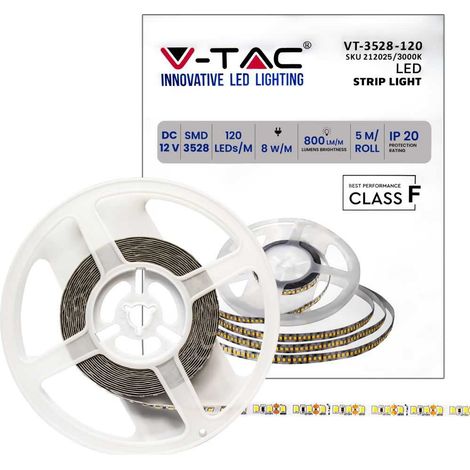 V-TAC Streifen LED SMD3528 8W/m 5m 120 LED/m 12V Warmweiß IP20 8mm
