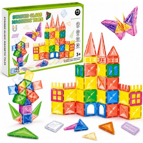 Jeu de construction magnétique XC-H2 60 pièces, tuiles transparentes colorées, jouet enfant 3+, formes créatives (1/5)
