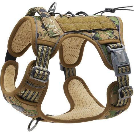 Harnais tactique pour chiens de petite et moyenne taille, réglable sans tension, réfléchissant, pour l'entraînement au travail K9, contrôle facile, gilet pour animaux, camouflage forêt, taille M (poit (1/4)