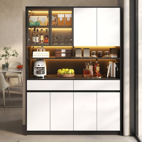 Buffet haut vaisselier 120 x 38 x 160 cm, vitrine LED par appli, 8 portes, 2 tiroirs et niches, MDF, blanc (1/5)
