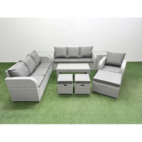 Fimous 10 Seater Poly Rattan Outdoor Garden Furniture Oblong Coffee Table Sofa Set Patio 3 Seater Sofa Reclining Chair 3 Seater Sofa 3 Stools 2 Side Table Light Grey (1/4)