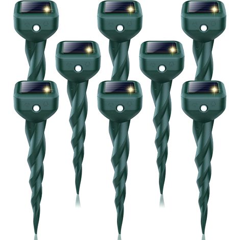 Répulsif solaire anti-taupes, lot de 8 répulsifs anti-serpents et anti-mouffettes pour jardin, piquets ultrasoniques étanches IP65, éliminent lapins, gaufres, campagnols, tamias, cerfs et marmottes po (1/5)