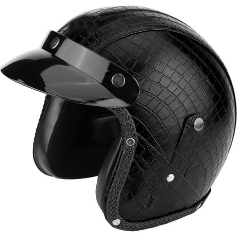 Casque moto scooter visière ouverte demi-casque en cuir PU noir crocodile XL (1/5)
