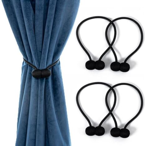 Juego de cortinas magnéticas de 6 piezas: soportes para cortinas negros，presillas magnéticas trenzadas，sala de estar y dormitorio (negro) (1/5)