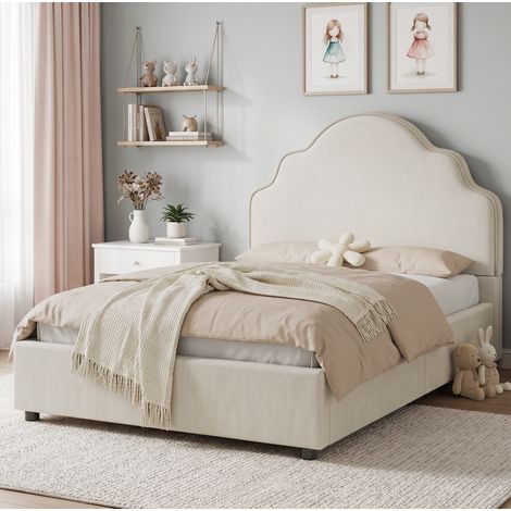 Bett Einzelbett gepolstert Beige 90x200 cm aus Leinen mit wolkenförmigem Kopfteil, Lattenrost inkl. (1/5)
