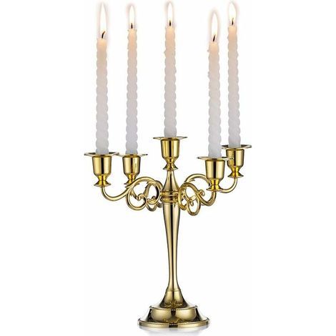 Memkey – Bougeoir conique doré 5 bras en métal 27cm – Design chic vintage – Pour mariages, anniversaires, décorations Noël – Base en velours (1/5)