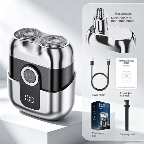Rasoir électrique étanche pour homme, mini rasoir portable à double tête magnétique avec tondeuse nez, appareil compact pour rasage quotidien, argenté (1/5)
