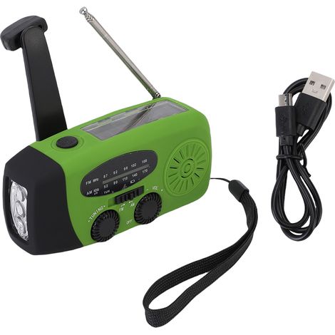 Ortviai Radio d'urgence portable AM/FM/NOAA avec manivelle, panneau solaire, 3 LED et banque d'énergie – Vert (1/5)